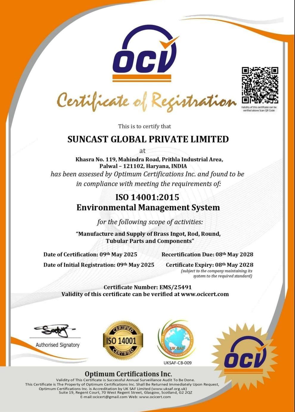 ISO 14001:2015 - Environmental Management System certificate mockup