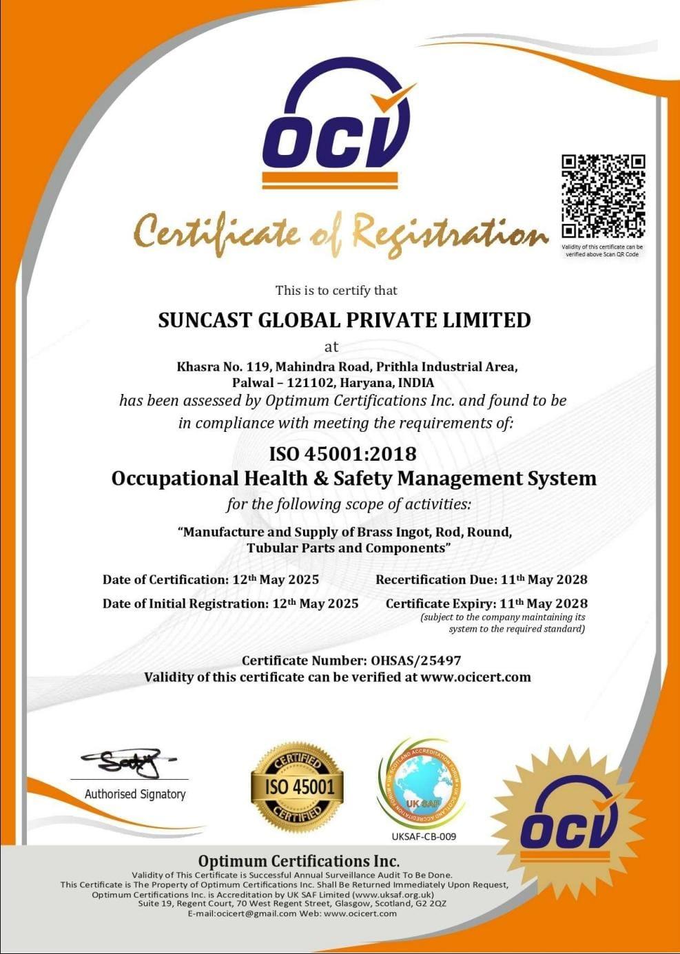 OHSAS 18001 / ISO 45001 - Occupational Health and Safety certificate mockup